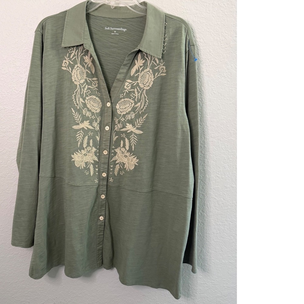 Soft Surroundings Sage Green Embroidered Cotton Tunic Top 3X Long Sleeve Fall